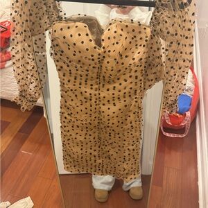 MAJORELLE Tan Polka Dot Long Sleeve Dress